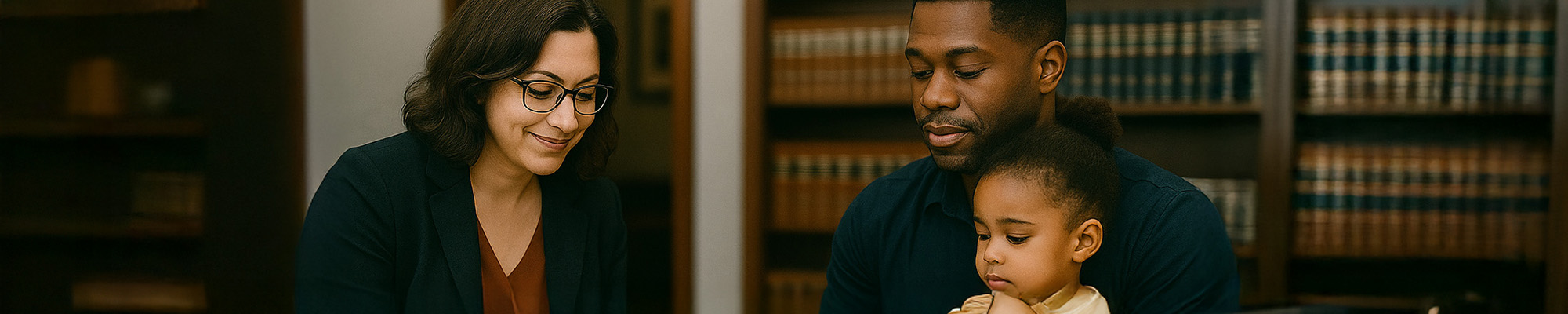 Father with child visiting an attorney in her office.