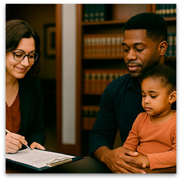 Father with child visiting an attorney in her office.